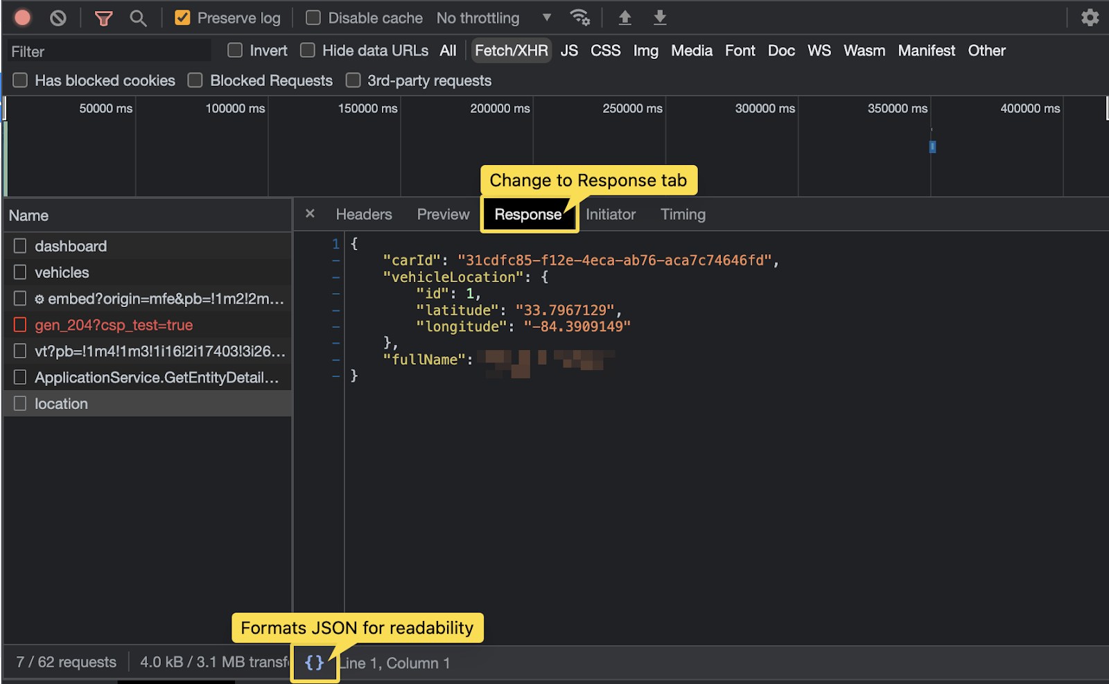 Screenshot of inspection of response of location API